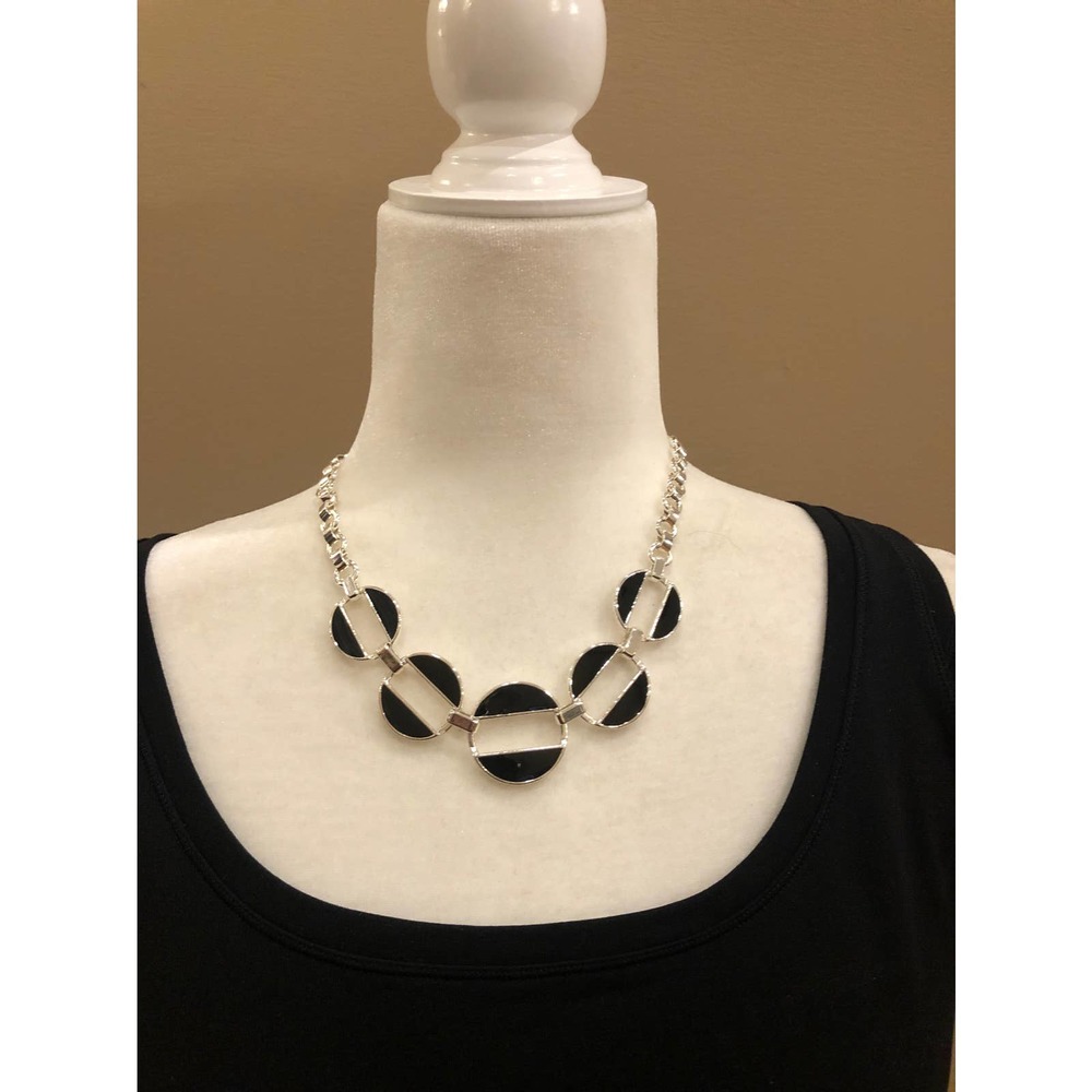 Silver Tone and Black Enamel Necklace with Circle Detail